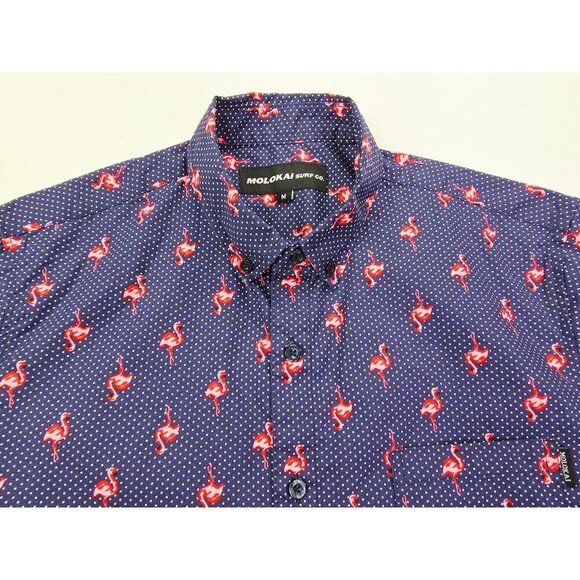 Molokai Medium Men Navy White Polka Dots Flamingo Short Sleeve Button Down Shirt - Picture 11 of 11